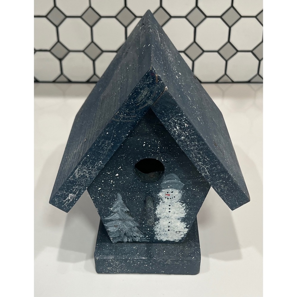 Rustic Wooden Snowman Birdhouse Winter Decorative Hand Painted Blue HolidayHouse